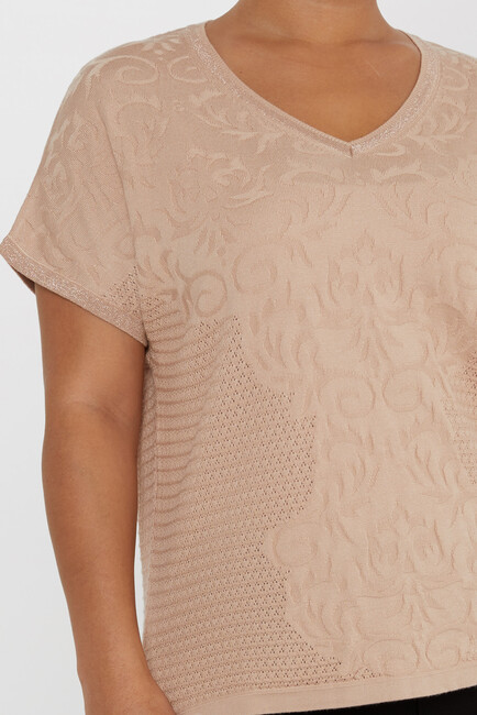 Women's Knitwear Patterned V Neck Beige - 31249 | KAZEE - Thumbnail