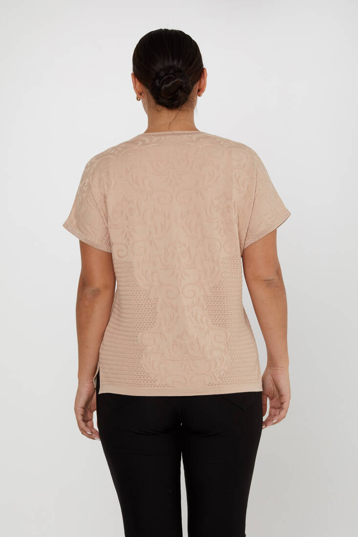 Women's Knitwear Patterned V Neck Beige - 31249 | KAZEE