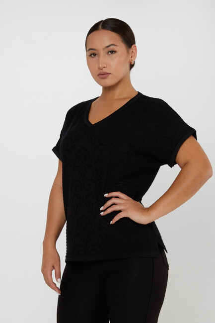 Women's Knitwear Patterned V Neck Black - 31249 | KAZEE - Thumbnail