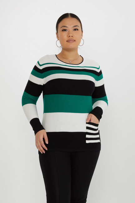 Women's Knitwear Pocket Detail Multicolored White-Green - 31285 | KAZEE - Thumbnail