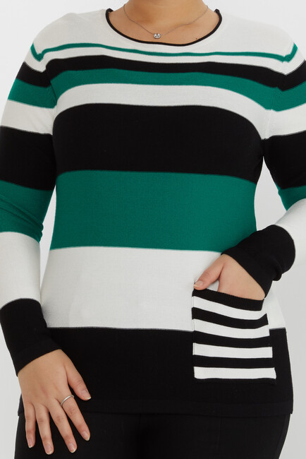 Women's Knitwear Pocket Detail Multicolored White-Green - 31285 | KAZEE - Thumbnail