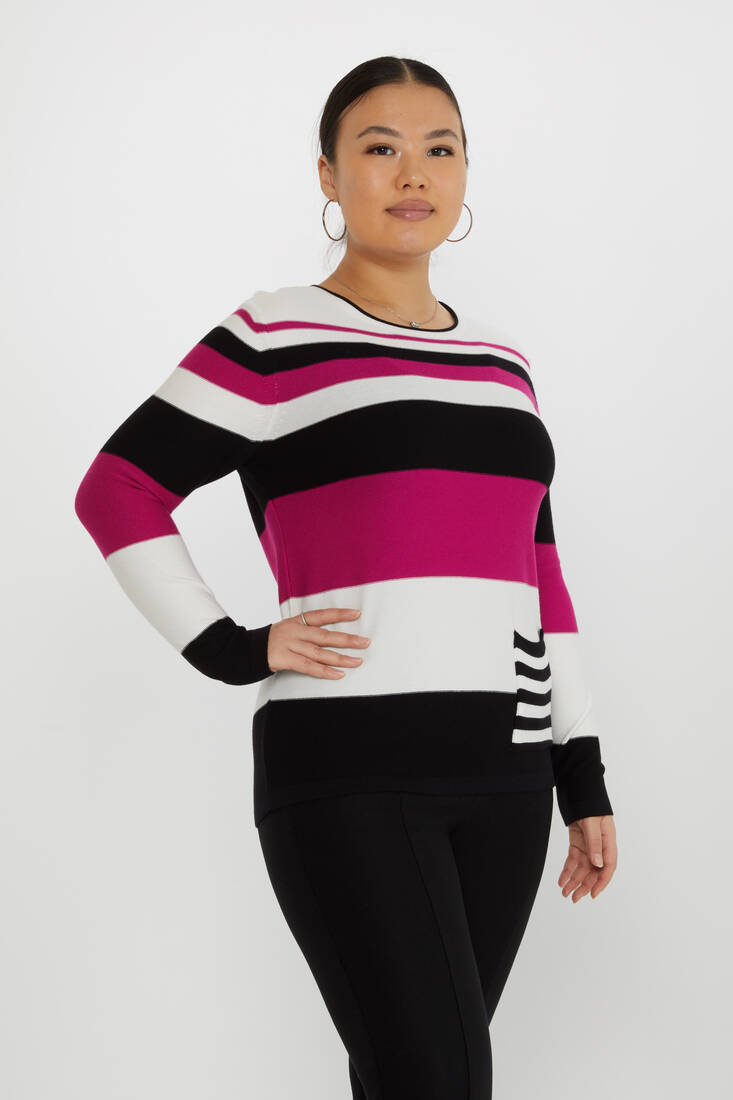 Women's Knitwear Pocket Detail Multicolored White-Fuchsia - 31285 | KAZEE