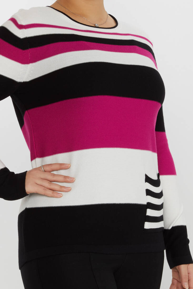 Women's Knitwear Pocket Detail Multicolored White-Fuchsia - 31285 | KAZEE