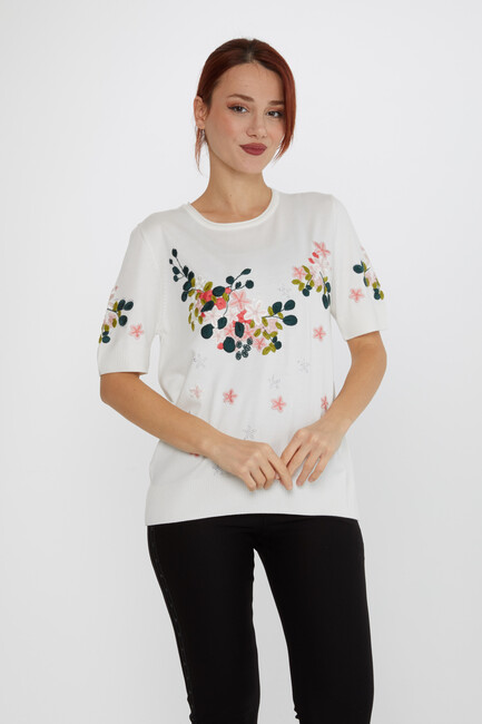 Women's Knitwear Short Sleeve Floral Embroidered Stoned Ecru - 16761 | KAZEE - Thumbnail