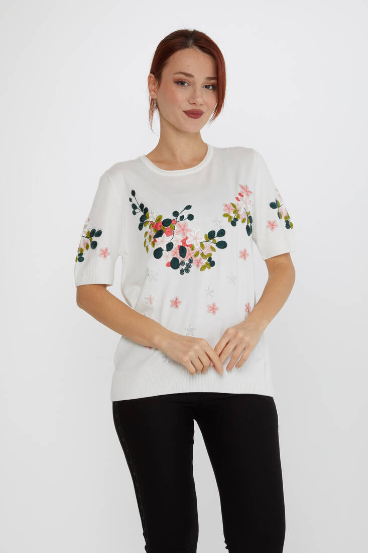 Women's Knitwear Short Sleeve Floral Embroidered Stoned Ecru - 16761 | KAZEE