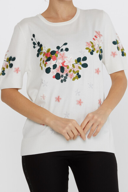 Women's Knitwear Short Sleeve Floral Embroidered Stoned Ecru - 16761 | KAZEE - Thumbnail