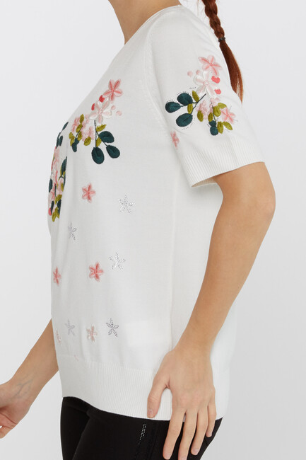 Women's Knitwear Short Sleeve Floral Embroidered Stoned Ecru - 16761 | KAZEE - Thumbnail