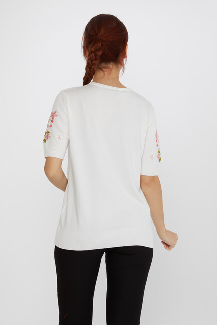 Women's Knitwear Short Sleeve Floral Embroidered Stoned Ecru - 16761 | KAZEE - Thumbnail