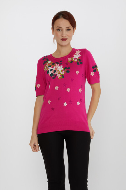 Women's Knitwear Short Sleeve Floral Embroidered Stoned Fuchsia - 16761 | KAZEE - Thumbnail