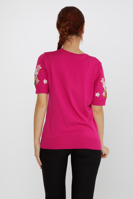 Women's Knitwear Short Sleeve Floral Embroidered Stoned Fuchsia - 16761 | KAZEE - Thumbnail