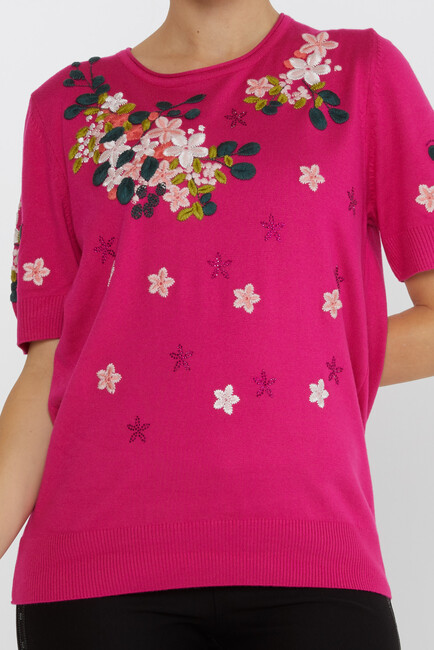 Women's Knitwear Short Sleeve Floral Embroidered Stoned Fuchsia - 16761 | KAZEE - Thumbnail