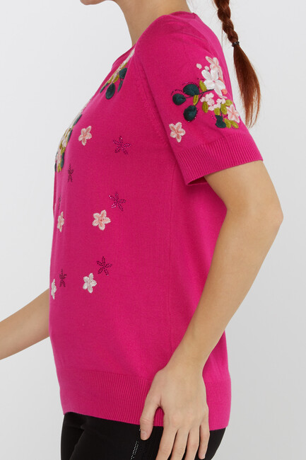 Women's Knitwear Short Sleeve Floral Embroidered Stoned Fuchsia - 16761 | KAZEE - Thumbnail