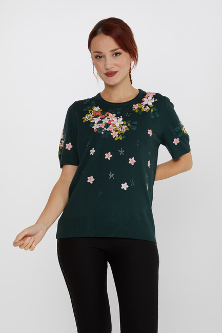 Women's Knitwear Short Sleeve Floral Embroidered Stoned Olive - 16761 | KAZEE - Thumbnail