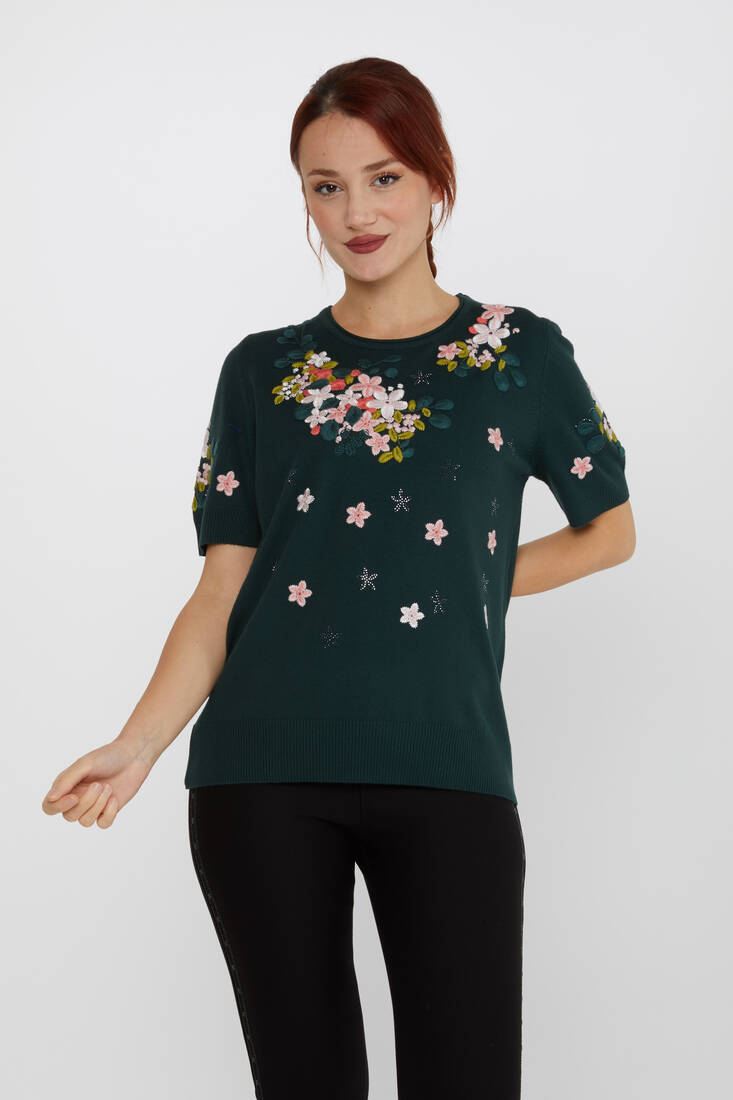 Women's Knitwear Short Sleeve Floral Embroidered Stoned Olive - 16761 | KAZEE