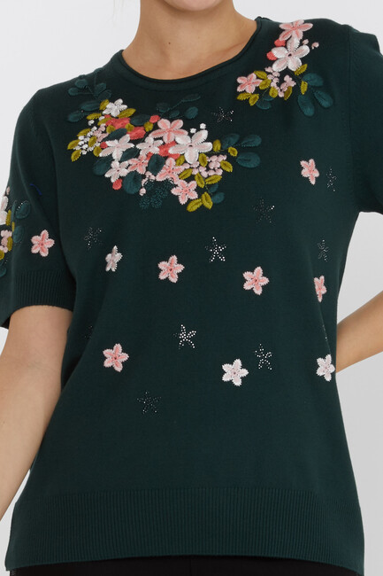 Women's Knitwear Short Sleeve Floral Embroidered Stoned Olive - 16761 | KAZEE - Thumbnail