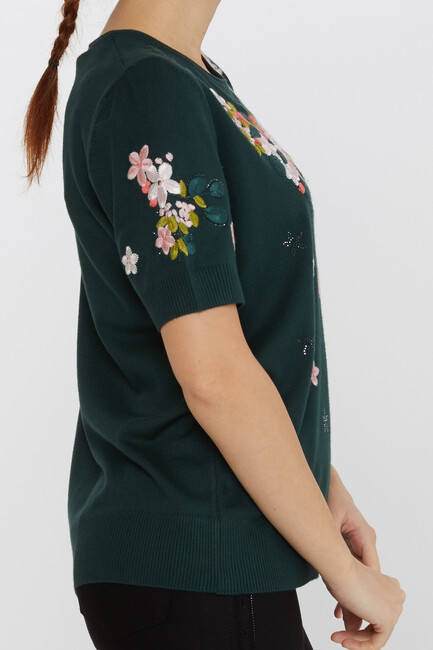 Women's Knitwear Short Sleeve Floral Embroidered Stoned Olive - 16761 | KAZEE - Thumbnail