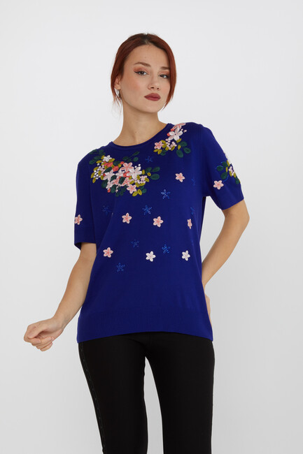 Women's Knitwear Short Sleeve Floral Embroidered Stoned Saks - 16761 | KAZEE - Thumbnail