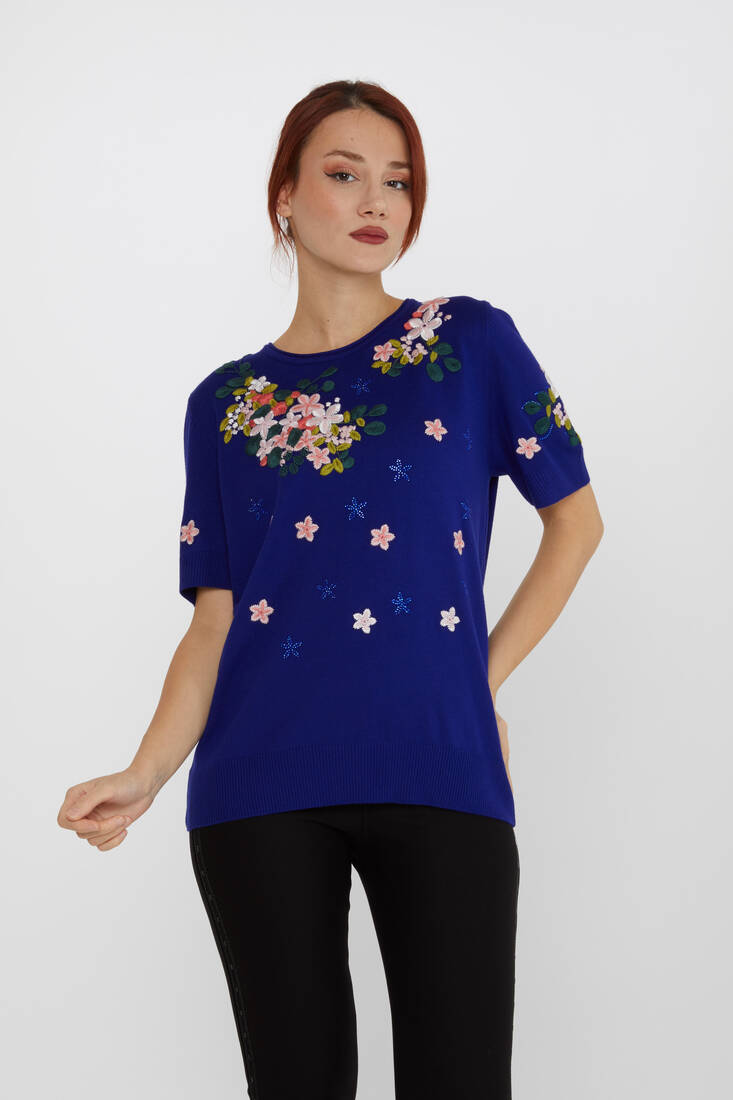 Women's Knitwear Short Sleeve Floral Embroidered Stoned Saks - 16761 | KAZEE