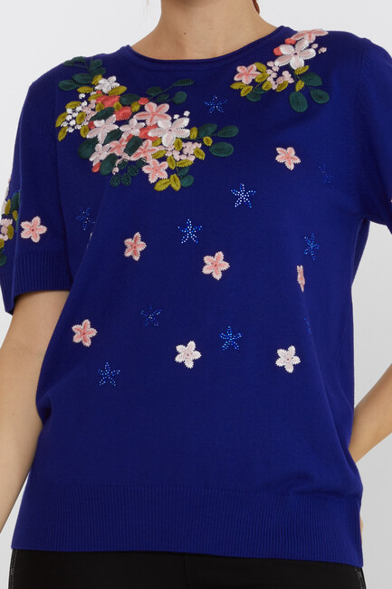 Women's Knitwear Short Sleeve Floral Embroidered Stoned Saks - 16761 | KAZEE - Thumbnail