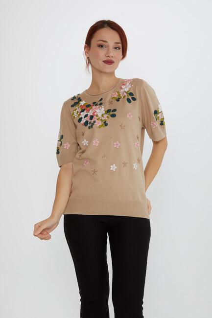 Women's Knitwear Short Sleeve Floral Embroidered Stoned Beige - 16761 | KAZEE - Thumbnail