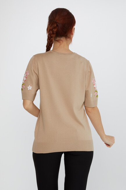 Women's Knitwear Short Sleeve Floral Embroidered Stoned Beige - 16761 | KAZEE - Thumbnail