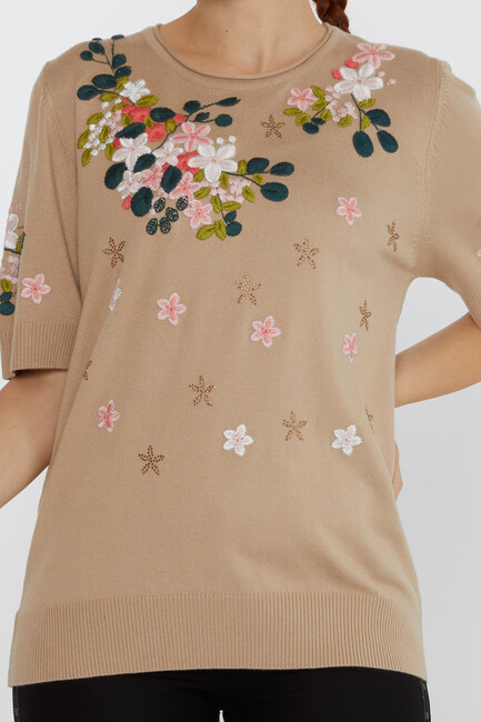 Women's Knitwear Short Sleeve Floral Embroidered Stoned Beige - 16761 | KAZEE - Thumbnail