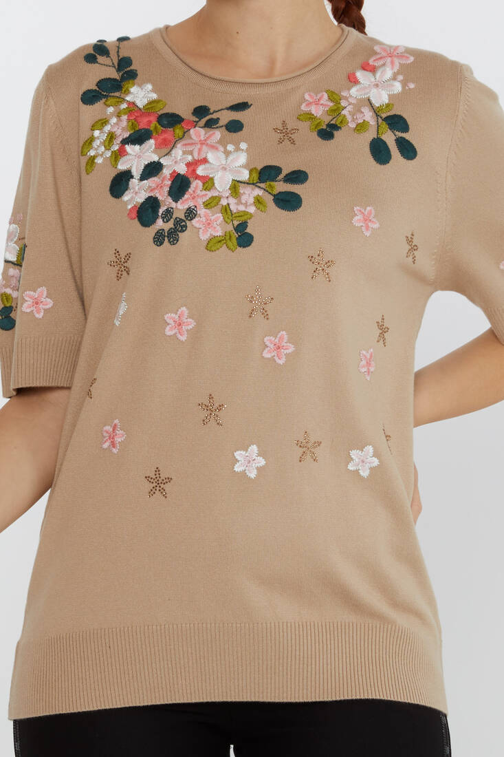 Women's Knitwear Short Sleeve Floral Embroidered Stoned Beige - 16761 | KAZEE