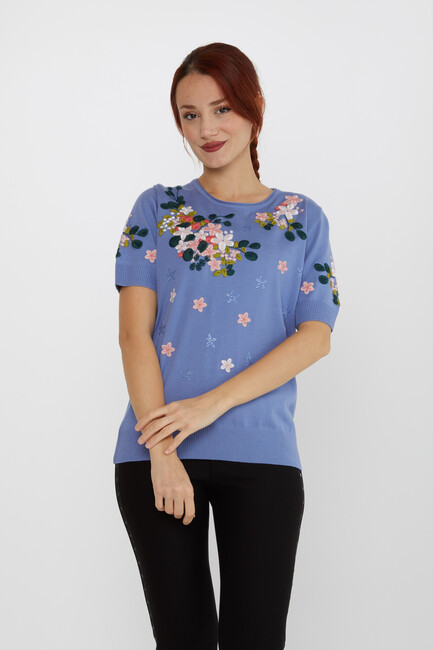 Women's Knitwear Short Sleeve Floral Embroidered Stoned Mint - 16761 | KAZEE - Thumbnail