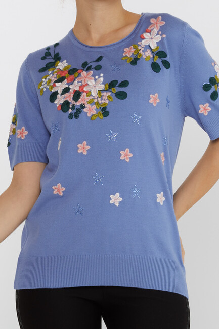 Women's Knitwear Short Sleeve Floral Embroidered Stoned Mint - 16761 | KAZEE - Thumbnail