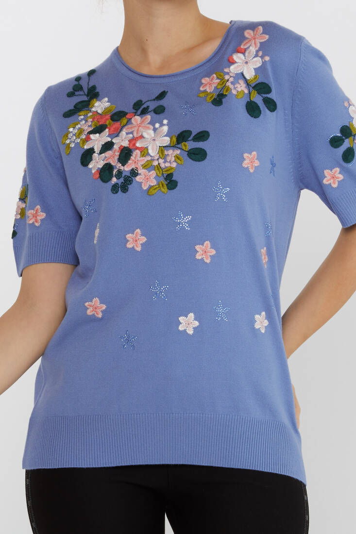 Women's Knitwear Short Sleeve Floral Embroidered Stoned Mint - 16761 | KAZEE