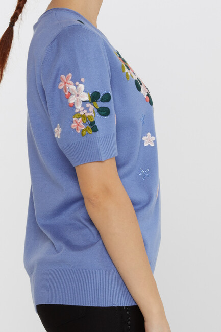 Women's Knitwear Short Sleeve Floral Embroidered Stoned Mint - 16761 | KAZEE - Thumbnail