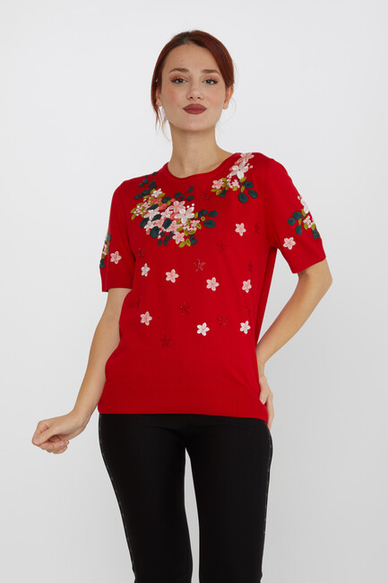 Women's Knitwear Short Sleeve Floral Embroidered Stoned Red - 16761 | KAZEE - Thumbnail