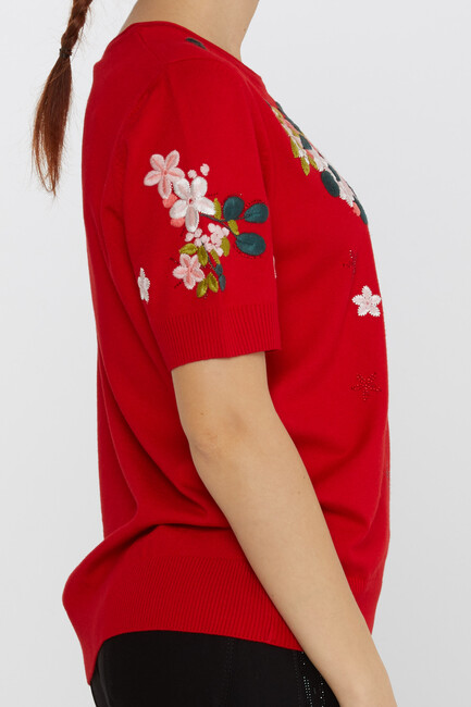 Women's Knitwear Short Sleeve Floral Embroidered Stoned Red - 16761 | KAZEE - Thumbnail