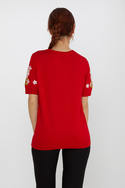 Women's Knitwear Short Sleeve Floral Embroidered Stoned Red - 16761 | KAZEE - Thumbnail