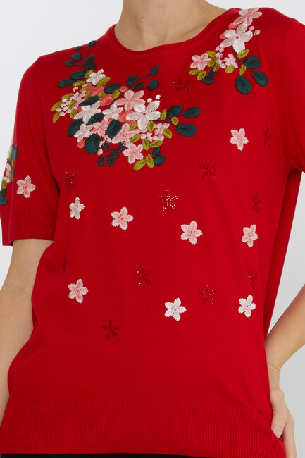 Women's Knitwear Short Sleeve Floral Embroidered Stoned Red - 16761 | KAZEE - Thumbnail