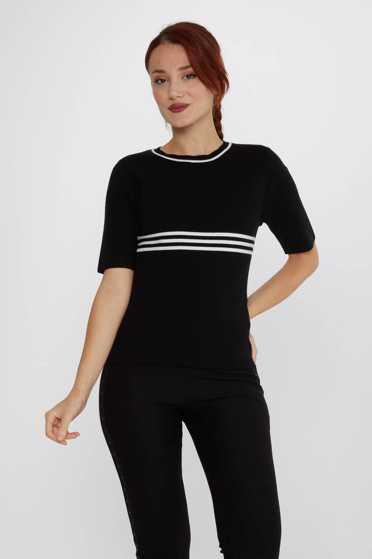 Women's Knitwear Short Sleeve Striped Collar Detail Black-Ecru - 31201 | KAZEE