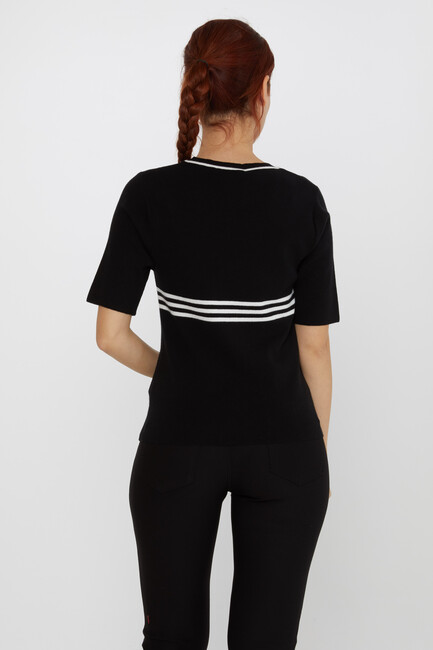 Women's Knitwear Short Sleeve Striped Collar Detail Black-Ecru - 31201 | KAZEE - Thumbnail