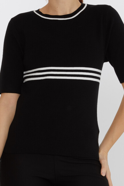 Women's Knitwear Short Sleeve Striped Collar Detail Black-Ecru - 31201 | KAZEE - Thumbnail