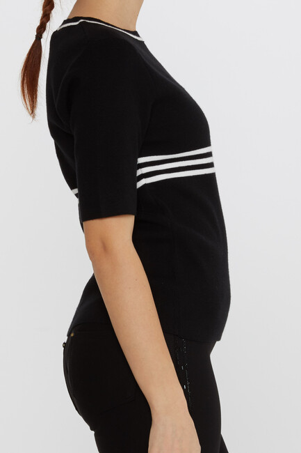 Women's Knitwear Short Sleeve Striped Collar Detail Black-Ecru - 31201 | KAZEE - Thumbnail