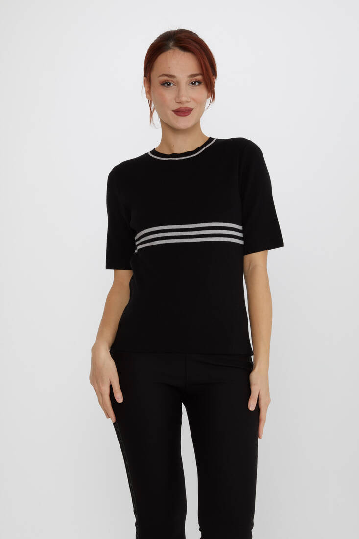 Women's Knitwear Short Sleeve Striped Collar Detail Black-Grey - 31201 | KAZEE