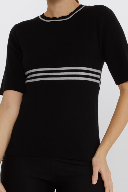 Women's Knitwear Short Sleeve Striped Collar Detail Black-Grey - 31201 | KAZEE - Thumbnail