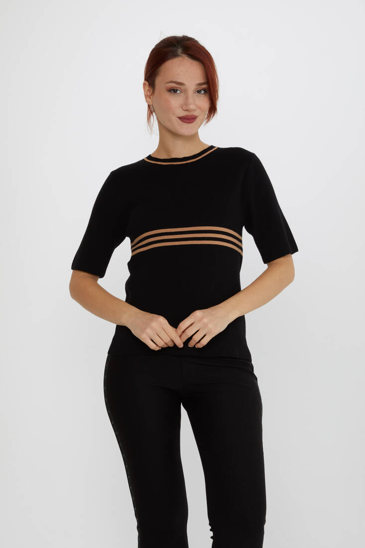 Women's Knitwear Short Sleeve Striped Collar Detail Black-Mink - 31201 | KAZEE