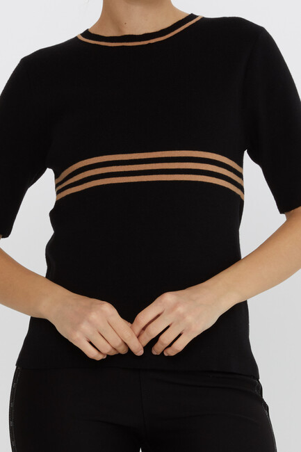 Women's Knitwear Short Sleeve Striped Collar Detail Black-Mink - 31201 | KAZEE - Thumbnail