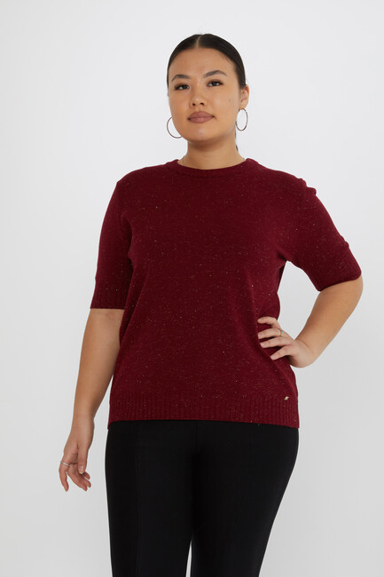 Women's Knitwear Glitter Detail Short Sleeve Burgundy - 31634 | KAZEE - Thumbnail