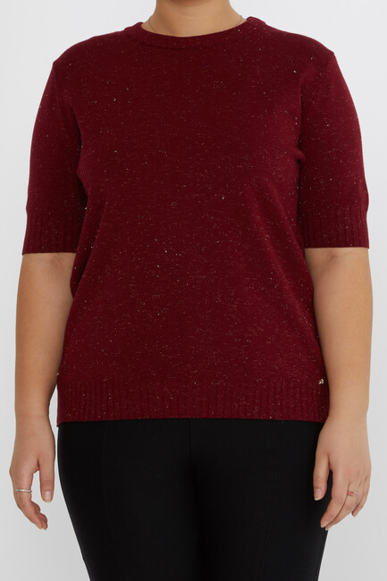 Women's Knitwear Glitter Detail Short Sleeve Burgundy - 31634 | KAZEE - Thumbnail