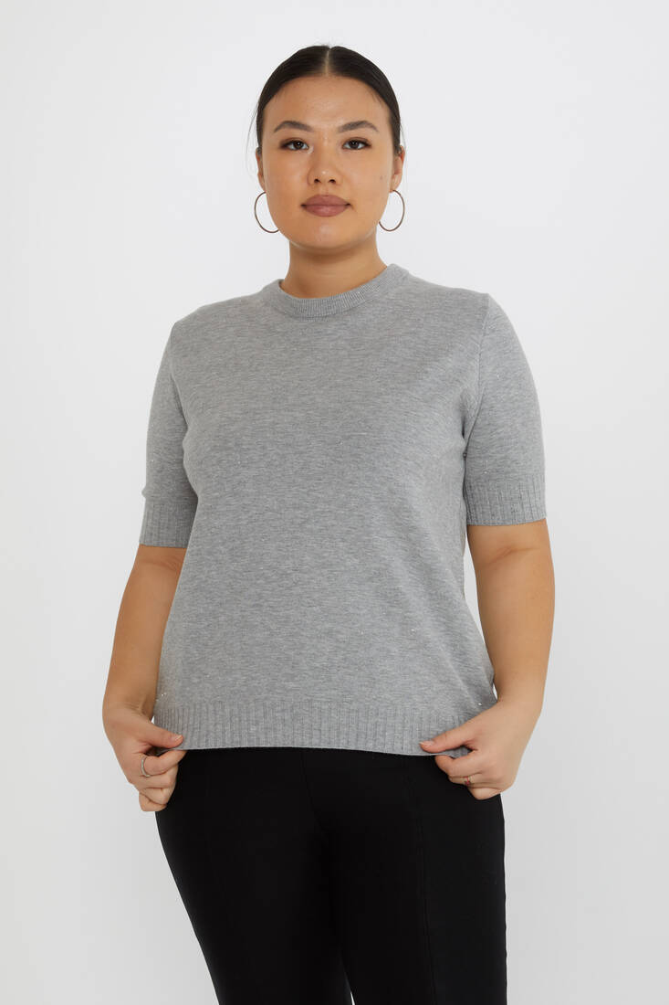 Women's Knitwear Glitter Detailed Short Sleeve Gray - 31634 | KAZEE