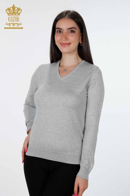 Womens Knitwear Glitter Transition Viscose V Neck Long Sleeve Gray - 15316 | KAZEE - Thumbnail