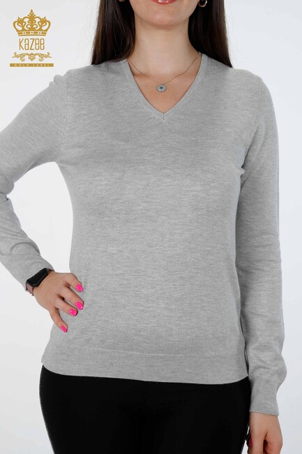 Womens Knitwear Glitter Transition Viscose V Neck Long Sleeve Gray - 15316 | KAZEE - Thumbnail