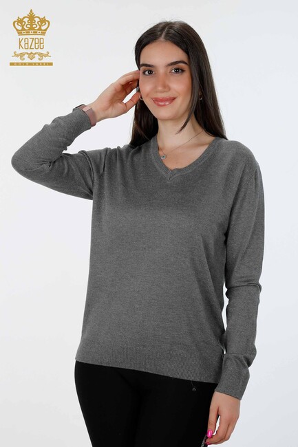 Women's Knitwear Glitter Transition Viscose V Neck Long Sleeve Anthracite - 15316 | KAZEE - Thumbnail