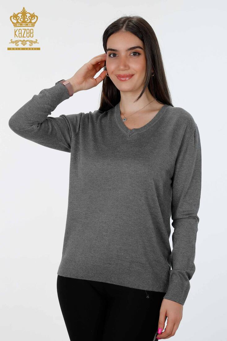 Women's Knitwear Glitter Transition Viscose V Neck Long Sleeve Anthracite - 15316 | KAZEE